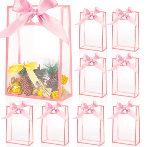 Clear Gift Bags with Handle 8 PCS PVC Gift Bag with Ribbon Bow for Christmas Easter Wedding Baby Shower Birthday Party(Pink)
