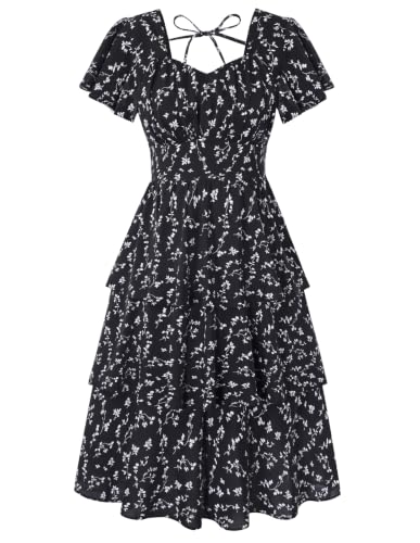 Image of Belle Poque Women's Vintage Square Neck Dress 2026 Summer Short Sleeve Layered Tiered Ruffle A-line Swing Midi Dress