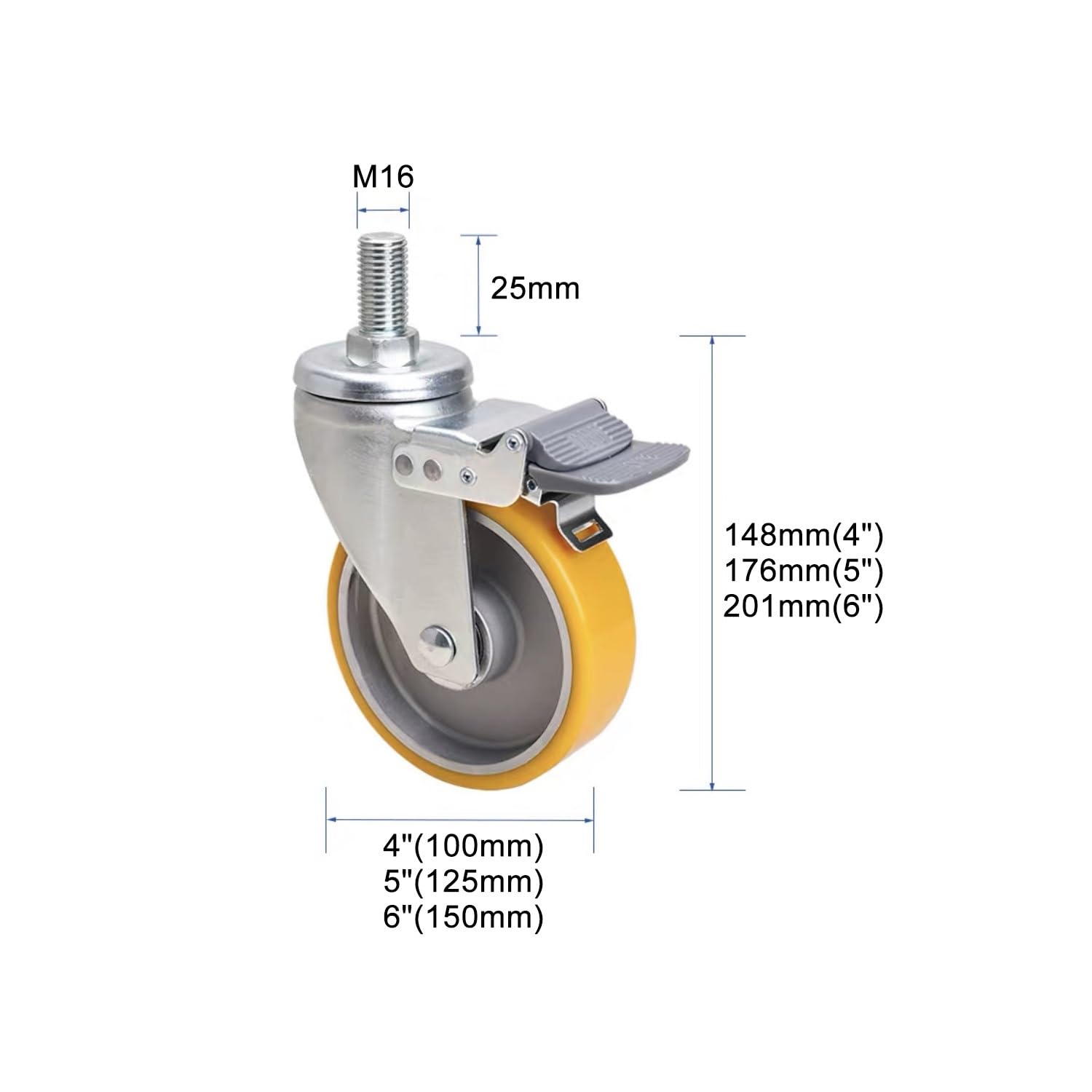 4/5/6 Pollice per carichi Pesanti Girevole Ruota con Freno - M16x25mm Perno filettato Industriale PU Ruote Set da 4 (2 Girevole + 2 Frenante) Ruote di Ricambio per Mobili & Attrezzature