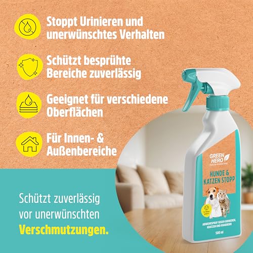 Green Hero Hunde & Katzen Stopp 500ml gegen Urinieren | Hundeschreck, Katzen Schreck Spray auch als Kratz- & Knabberschutz | Hundeabwehrspray Innen- & Außenanwendung | Mit Eukalyptus Citriodora Öl