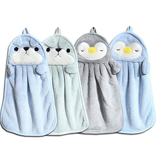 TSUBASI ハンドタオル ふわふわ かわいい 動物 犬 ペンギン キャラクター ループ付き 壁掛け 保育園 幼稚園 子供 洗面台 トイレ 柔らかい コーラルフリース製 手拭きタオル 吸水 タオル 速乾 女の子 男の子 お手拭き 紐付きタオル 家庭用 (