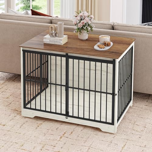 Hzuaneri Hundekäfig Möbel, 110 cm Hundebox, 2 Türen, Moderne Hundekäfig Indoor für Kleine/Mittlere/Große Hunde, Beistelltisch, Verstärkte Schiebetür, 110 × 65 × 81 cm, Weiß Braun DFC84414B