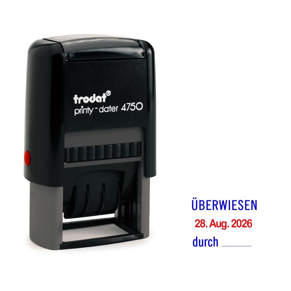Trodat Printy Dater 4750 Datumstempel mit 2farbigem Kissen blau/rot + Wunschtext, Stempeltext:Ü B E R W I E S E N