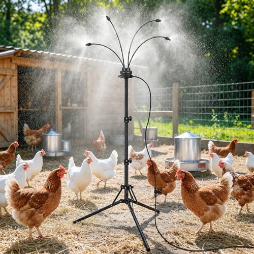 BobbleT Standing Misters for Chicken Coop 5.3 FT Adjustable Poultry Cooling Misting System 360 Full Coverage Cooling Portable Water Mister for Outside Patio Helps Relieve Heat Stress Reduce Dust