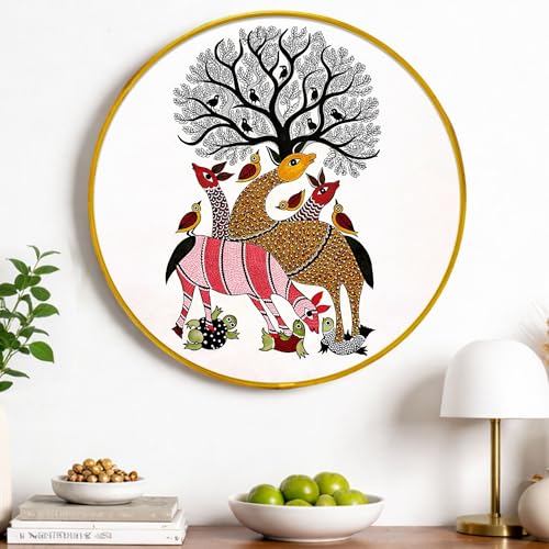 Image of Tribal Gond Round Framed Wall Art Painting For Living Room | Tribal Madhubani Folk Animal Wall Art Painting With Frame for Home, Bedroom & Office, 16 Inch