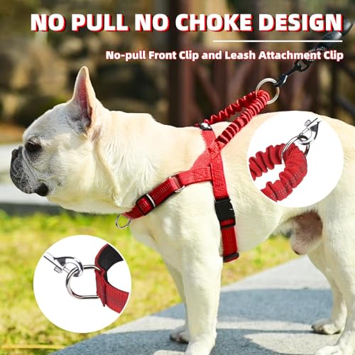 Image of PUPTECK No Pull Dog Harness for Large Dogs, Adjustable Reflective Pet Vest Harness with Bungee Handle, Escape Proof No Choke Harness for Large Dogs Walking Training, Red L