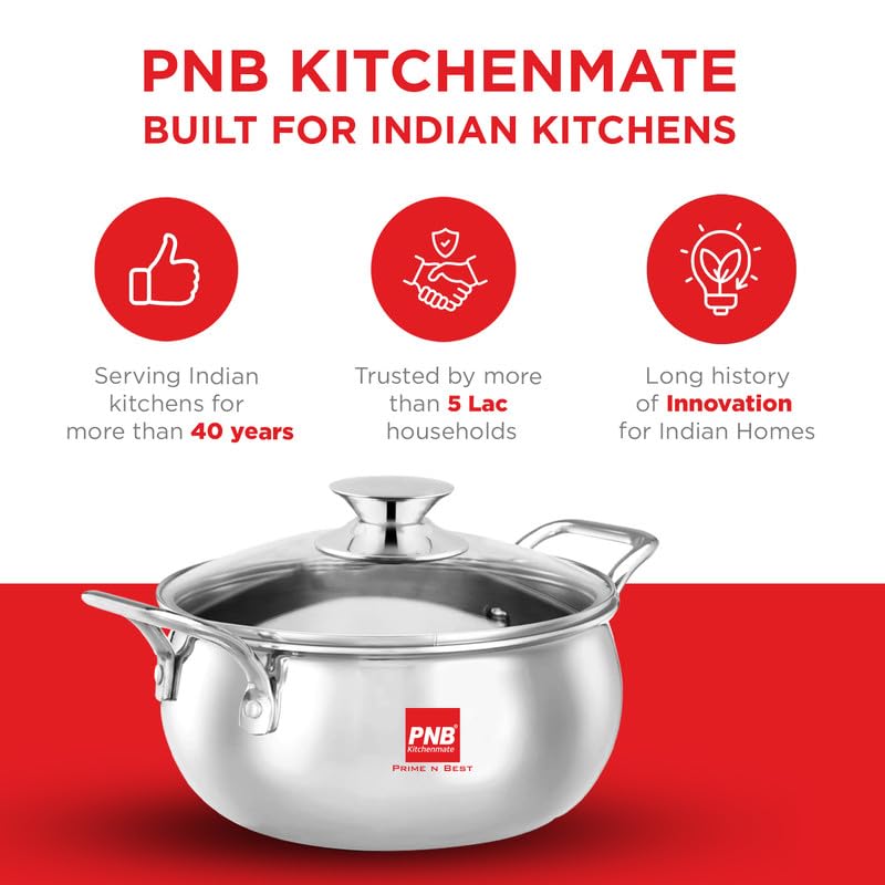 Image of PNB Kitchenmate Triply Stainless Steel Handi with Glass Lid, 1.5 LTR, 14.5 cm | 2.5mm Thick Induction Base Cookware | Healthy Cooking & Serving Pot | 5 Years Warranty