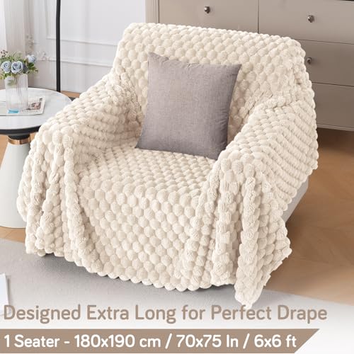 Image of HOKIPO Luxury Premium Rabbit Wool Plush Fluffy Sofa Cover, Sofa Throw for 1 Seater Sofa, 180(D) x 190(L) cm, 'Bunnysoft Series' Cream (AR-5073-WHT)