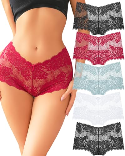 Image of ALL OF ME Women Underwear Sexy Lace Boy Shorts V-Waist Lightweight Seamless Soft Cheeky Panties 5 Pack