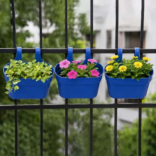 Image of Go Hooked 12 Inch Plastic Railing Hanging Planter Pot Set of 3 | Rectangular Flower Pots with Double Hook for Garden Fence Balcony Indoor Outdoor Home Decor | Durable Plant Container (Blue)