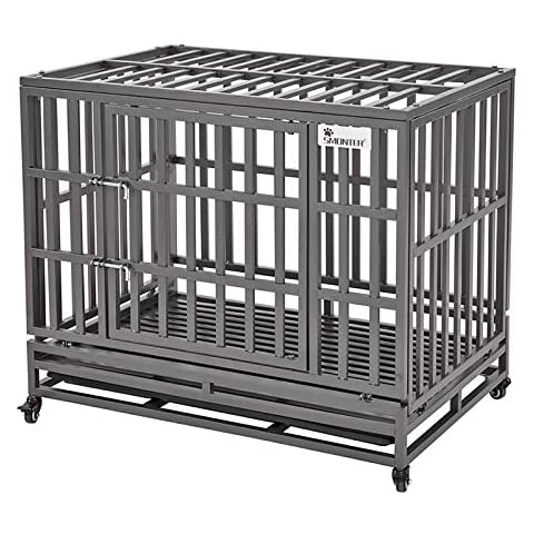 SMONTER 38" Heavy Duty Dog Crate Strong Metal Pet Kennel Playpen with Two Prevent Escape Lock, Large Dogs Cage with Wheels, Dark Silver Cover
