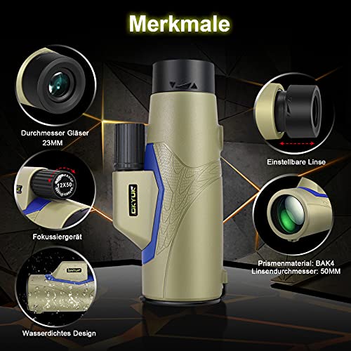 Monokular Teleskop, OKYUK 12X50 HD Monokular Fernglas, BAK4-Prisma und FMC Wasserdicht mit Smartphone-Halter Stativ… – Bild 3