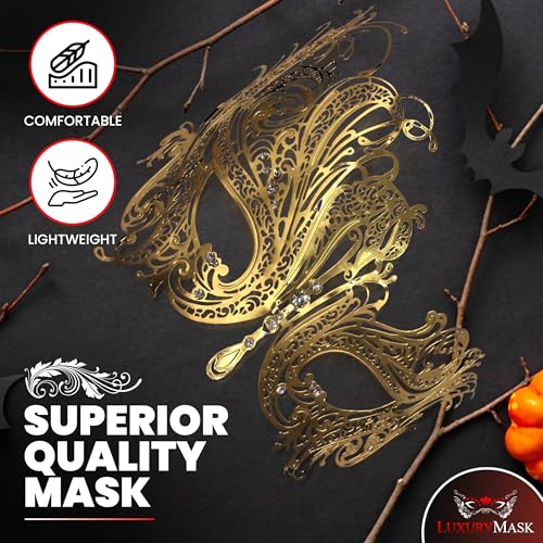 Image of Metal Filigree Masquerade Mask for Women - Swan Style Mask with Rhinestones for Mardi Gras, Prom, Halloween & Venetian Party