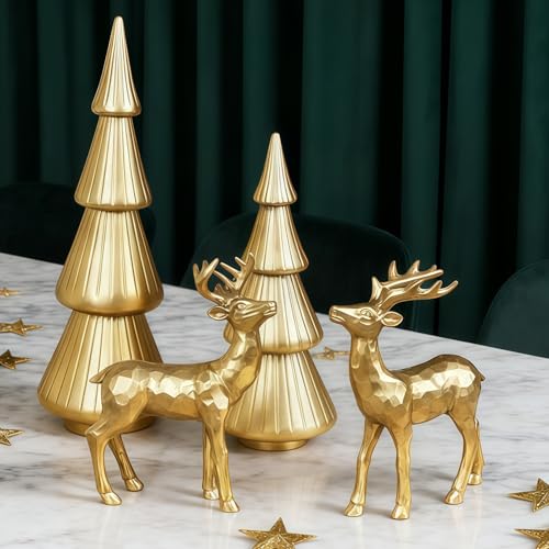 Stentec Set of 4 Christmas Table Decorations, 2 Xmas Trees & 2 Reindeer, Vintage Resin Golden Christmas Figurines for Dinner Party Supply, Tabletop Ornament Winter Mantle Fireplace Shelf Centerpieces