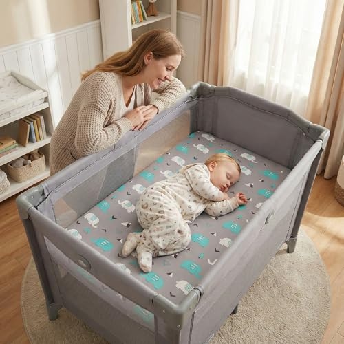 Image of Pack n Play Sheets, BROLEX 2 Pack Mini Crib Sheets,Stretchy Portable Fitted Playard Sheet Set, Convertible Playard Mattress Cover,Ultra Soft Breathable Material,Elephant Whale