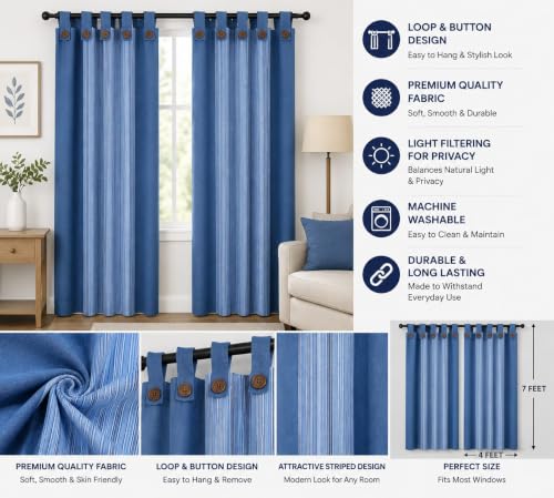 Image of Yaweh Cotton Striped Room Darkening Loop Type Curtain- 4 Ft X 5 Ft Set of 2 Pieces(Navy), Opaque, Tab Top Curtains