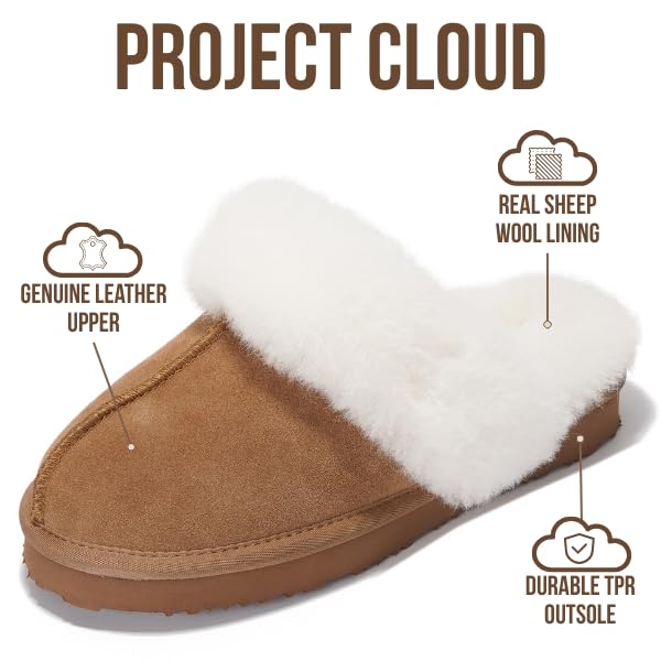 Project Cloud Genuine Leather Slippers for Women Footwear with Real Sheep Wool Lining Womens Clogs & Mule - Non-Slip Indoor/Outdoor Scuff Womens Slippers with Memory Foam Insole (Henka)