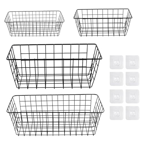 CHUIFAI 4 cestas de alambre de metal negro, 2 tamaños, cesta colgante de pared, cesta de almacenamiento de metal, cesta colgante autoadhesiva, cesta de alambre de metal para baño, oficina, estantería