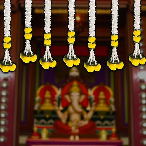 Image of Rajasthan Kraft Artificial Pack of 6 Marigold Gajra Hanging, 27 Inch Yellow Floral Hanging for Home Decor, Balcony, Diwali, Ganesh Chaturthi & Festival Decoration