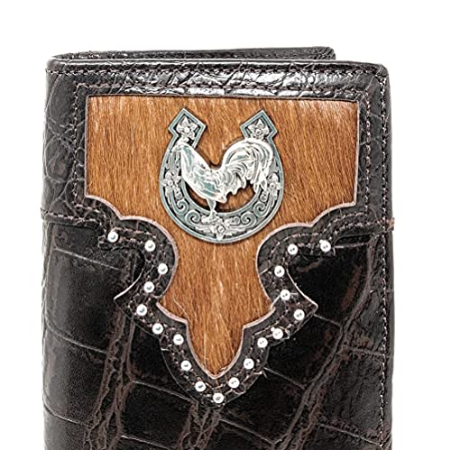 Western Men's Cow Fur Genuine Leather Crocodile Bifold Wallet in Multi Emblem (Coffee Rooster)2