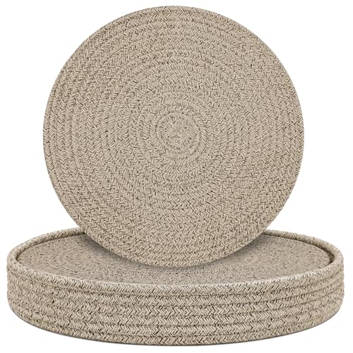 Round Placemats Set of 6 with Holder, Cotton Rope Woven Place Mats, Hot Pads for Kitchen, Heat Resistant Table Mats, 13 Inch Farmhouse Washable Braided Placemat for Kitchen Decor (Brown)