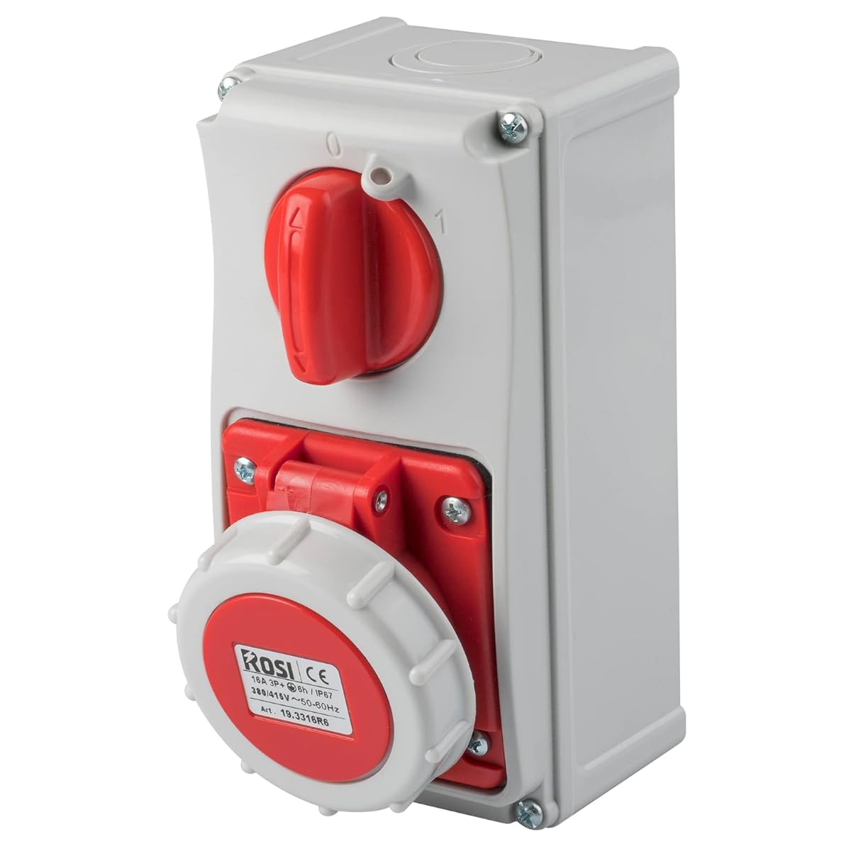 Prise fermée verticale avec sectionneur interrupteur, avec fond, 380 V, 5 pôles 3P+N+T, 32 A, IP67 - Rosi 19.3432R6