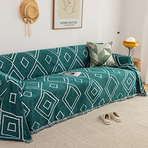 Roomlife Green Geometric Rhomboid Pattern Couch Cover For 2-3 Cushion Sectional Couch Thick Cozy Chenille Sofa Covers Multifunction Sofa Slipcover Furniture Protector For Dogs Pet,71"X118" #TOP1