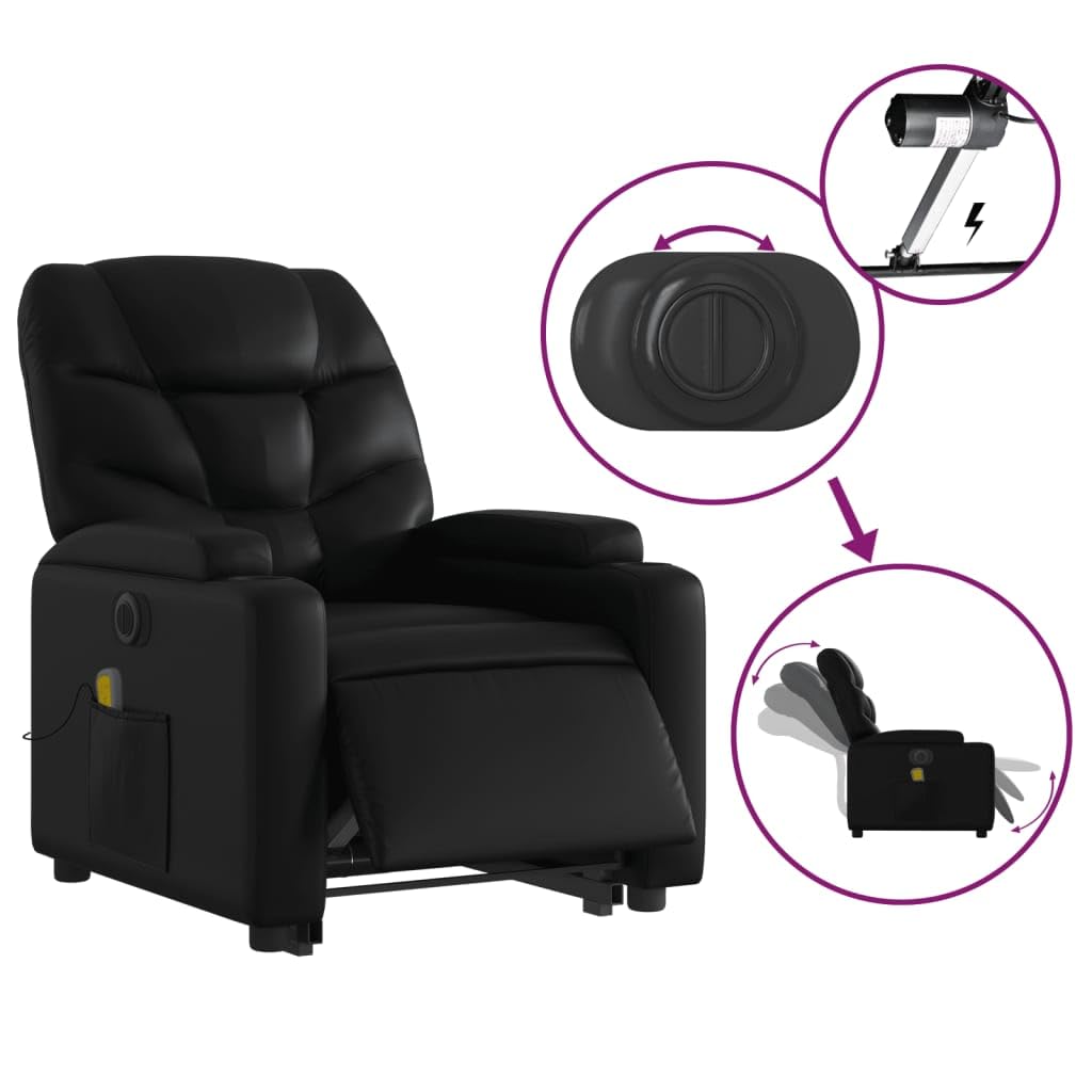 Sillón elevador eléctrico reclinable negro de piel sintética con 6 puntos de masaje, función de elevación y vibración, portavasos y bolsillo lateral