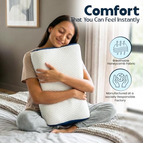 Image of Memory Foam Contour Pillow for Neck & Cervical Pain Relief | Ergonomic Neck Pillow for Back, Side & Stomach Sleepers | Washable Cotton Cover, Breathable Airflow Design - White, 30 x 50 x 10 CM