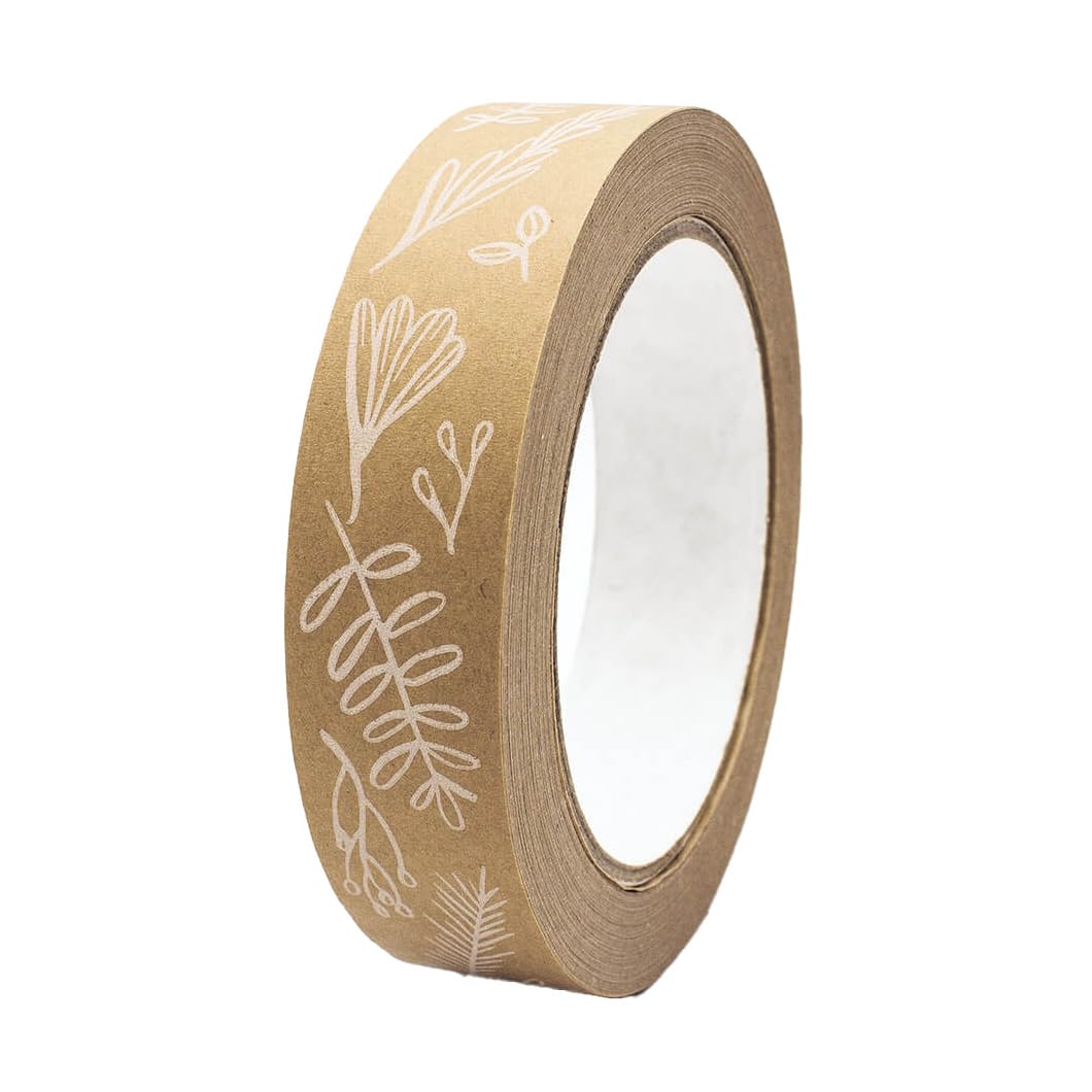 INKKIN Botanical Sprigs/Floral Leaves Paper Gift Wrap Tape (25mm) (White/Brown)