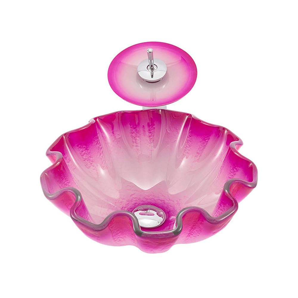 WOTZOV Bathroom Vessel Sink Tempered Glass Countertop Basin Pleated Petal-Shaped Design Vessel Sink,Household Fashion Artistic Above Counter Bathroom Sinks,Vessel Sink With Faucet,
