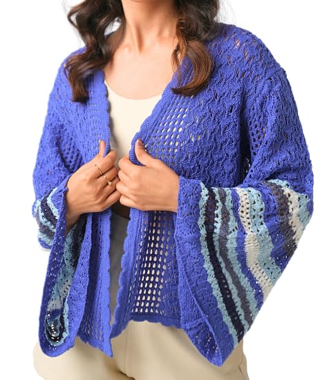 Bell Sleeve Crochet Cardigan for Women Blue | Lightweight Pointelle Knit Open Front Summer Cardigans | Small Size