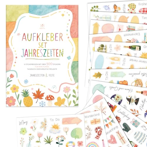 BIROYAL 12 Blätter Jahreszeiten Sticker Set - über 500 Scrapbook Sticker für Fotoalbum Bullet Journal Zubehör Deko - DIY Scrapbooking Aufkleber für Kinder Erwachsene Basteln Geschenke (17 x 24 cm)