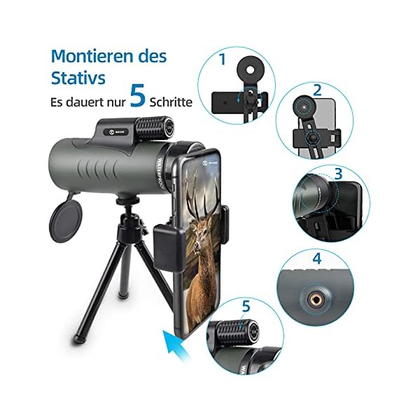Monokular Teleskop 12x50 SIXGO HD Zoom Monokular Fernrohr Mit Smartphone Halter Stativ Wasserdichtes Monokular FMC BAK4… – Bild 5