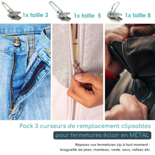 Curseurs de réparation pour fermetures éclair métalliques Clip&Zip x3 Argent - 3