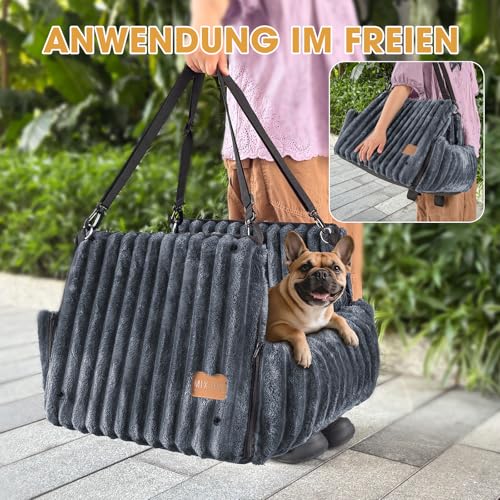 MIXJOY Hunde Autositz für kleine bis mittlere Hunde, Waschbarer Ansteckbare Leine verdickter Memory-Schaum-Füllung, Hundebett Auto für Rückbank Vordersitz, Grau