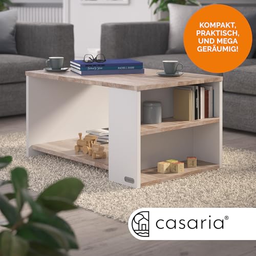 Casaria® Couchtisch Holz Weiß Eiche mit Stauraum 2 Fächer Wohnzimmertisch 90x60x50cm Kratzfest 50kg Belastbar Eckig Ablage Beistelltisch Sofa Couch