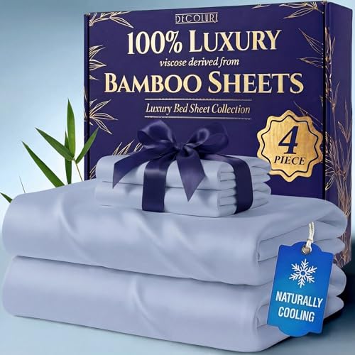 Image of DECOLURE 100% Viscose Derived from Bamboo Sheets California King Size - Luxury 4 Pc Naturally Cooling Sheets, Ultra Soft Bed Set - Deep 17 inch Pockets, Double Stitching, Oeko Tex Standard (Light Blue)