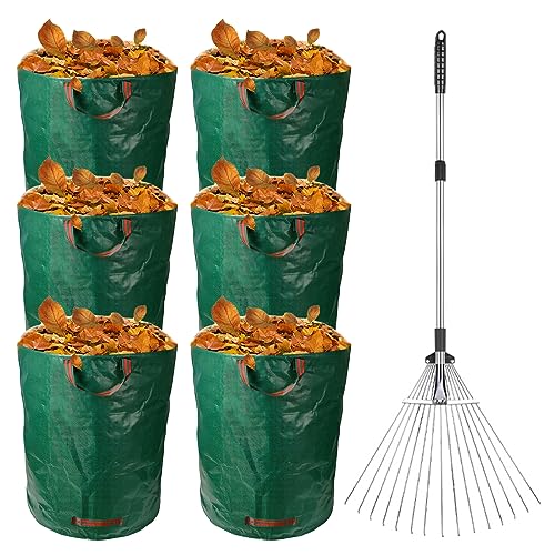 Heavy Duty Garden Waste Bags with Rake Set, Reusable Foldable Sacks with Handles, Includes Telescopic Metal Rake - 9 Bags + 1 Rake for Efficient Gardening