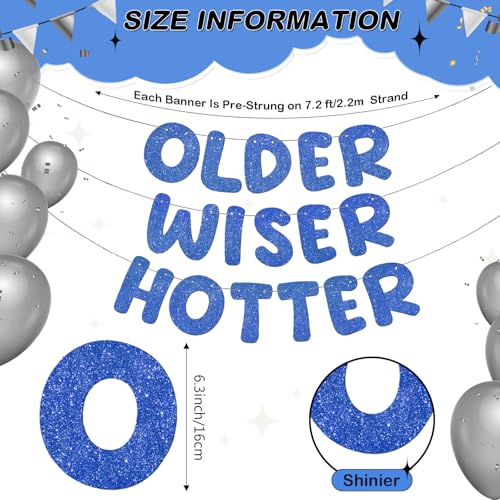 Image of Fulmoon Set of 3 Pre Strung Older Wiser Hotter Glitter Banner Funny Birthday Banner for Women 30th 40th 50th 60th 70th 80th Birthday Party Decorations Sign Gift(Navy Blue)