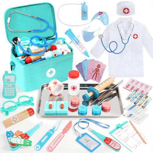 ZUSUZU Maletin Brinquedo médico, kit médico infantil com estetoscópio real, caixa de armazenamento médico, termómetro, disfarce médico e seringa, kit dentista e médico brinquedo para crianças 3-8 anos