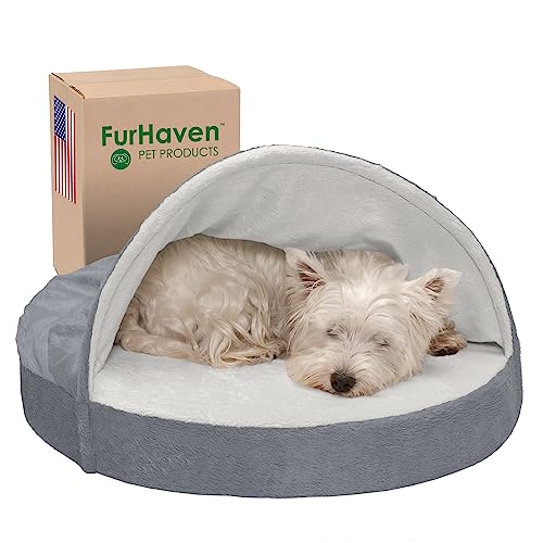 Image of Furhaven 26" Round Cooling Gel Dog Bed for Medium/Small Dogs w/ Removable Washable Cover, For Dogs Up to 30 lbs - Microvelvet Snuggery - Silver (Gray), 26-inch