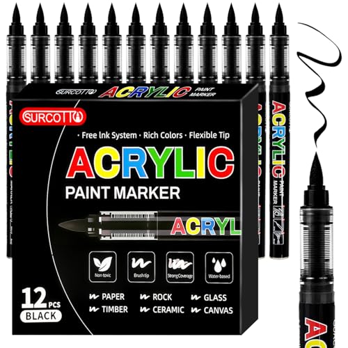 WOGOPRO 12 Black Acrylic Paint Pen Waterproof Paint Markers for Rock Wood Pebbles Glass Ceramic Stones Fabric Canvas Craft - Brush Pens Black Permanent Marker Pen Set