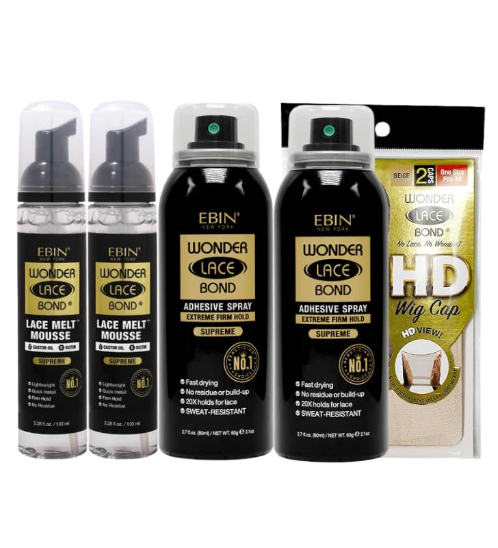 EBIN NEW YORK Ebin Lace Melting Spray – 2x Wonder LaceBond Lace Melt Mousse 8.5oz Bundle with 2x Wig Adhesive Spray Supreme 2.7oz and HD Wig Cap Secure Hold & Seamless Blending Gift Set (5 Items)