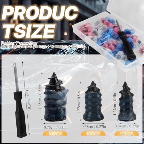 Image of Tire Plug Screws Kit Tire Repair Rubber Studs with Screwdriver 3 Size Mending Nail Plugs Tyre Repair 30 Count