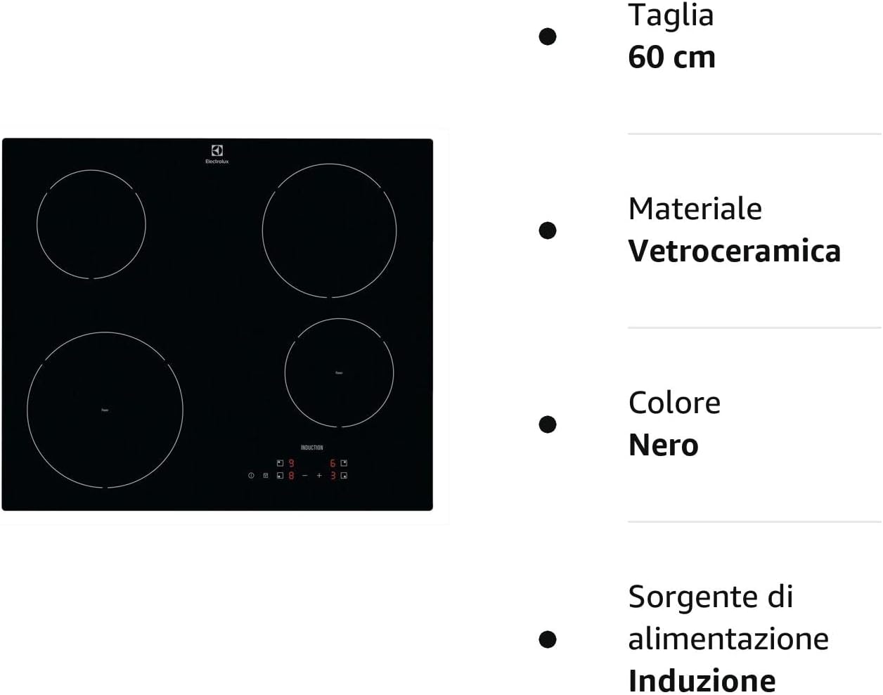 Piano cottura in vetroceramica ad Induzione da 60 cm, N° 4 Fuochi Piano cottura in vetroceramica ad Induzione da 60 cm, N° 4 Fuochi