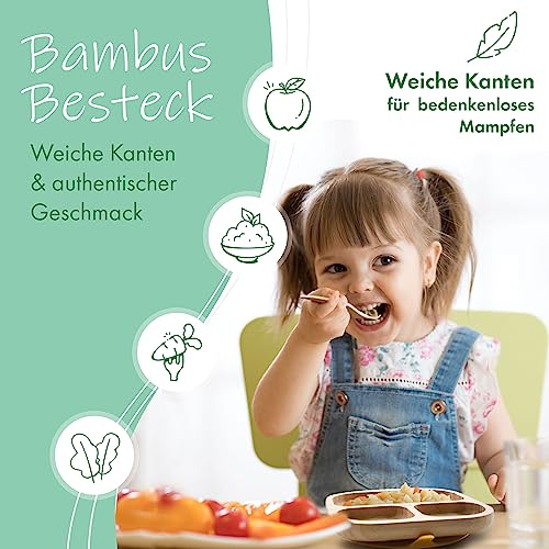 Babylovit Bambus Kinderteller | TÜV Geprüfter Baby Teller mit Saugnapf & Esslernbesteck | BLW Beikost Zubehör… – Ansicht 2
