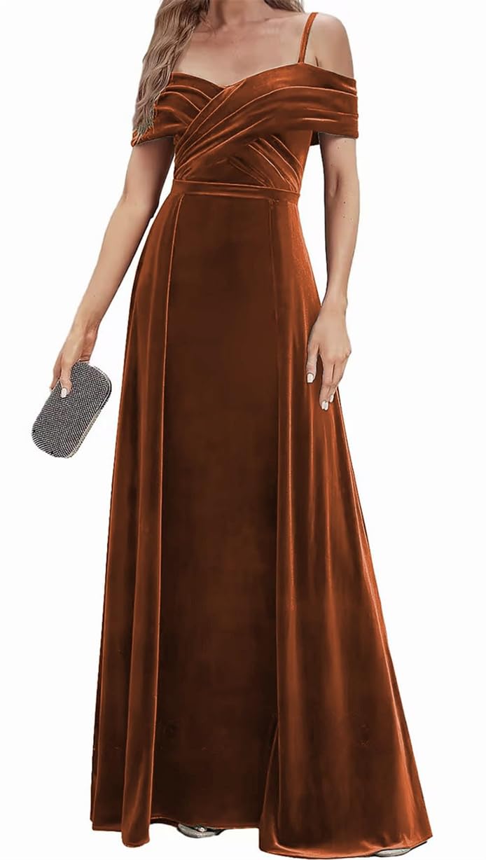 Wseyu Women's Burnt Orange Velvet Bridesmaid Dresses Spaghetti Straps Prom Dresses Cold Shoulder Formal Evening Party Gown Zm191xin Uk10