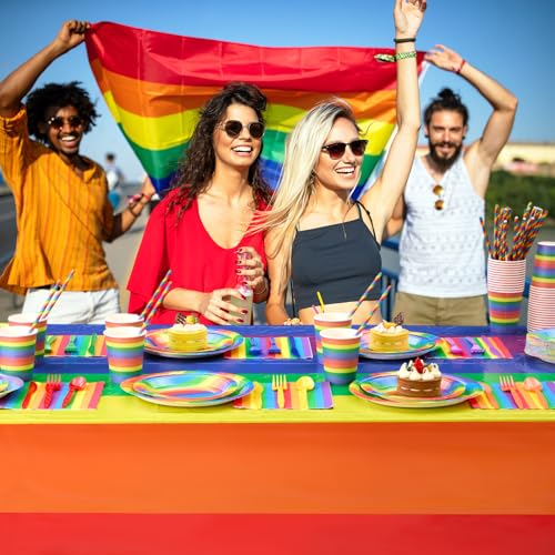 Image of Funnymoom 452 Pcs 50 Guests Pride Party Supplies Decoration, Rainbow Pride Paper Plates Napkins Cups Tablecloth Cutlery Straws Gay Lgbt Disposable Tableware Sets for Rainbow Birthday Table Decoration