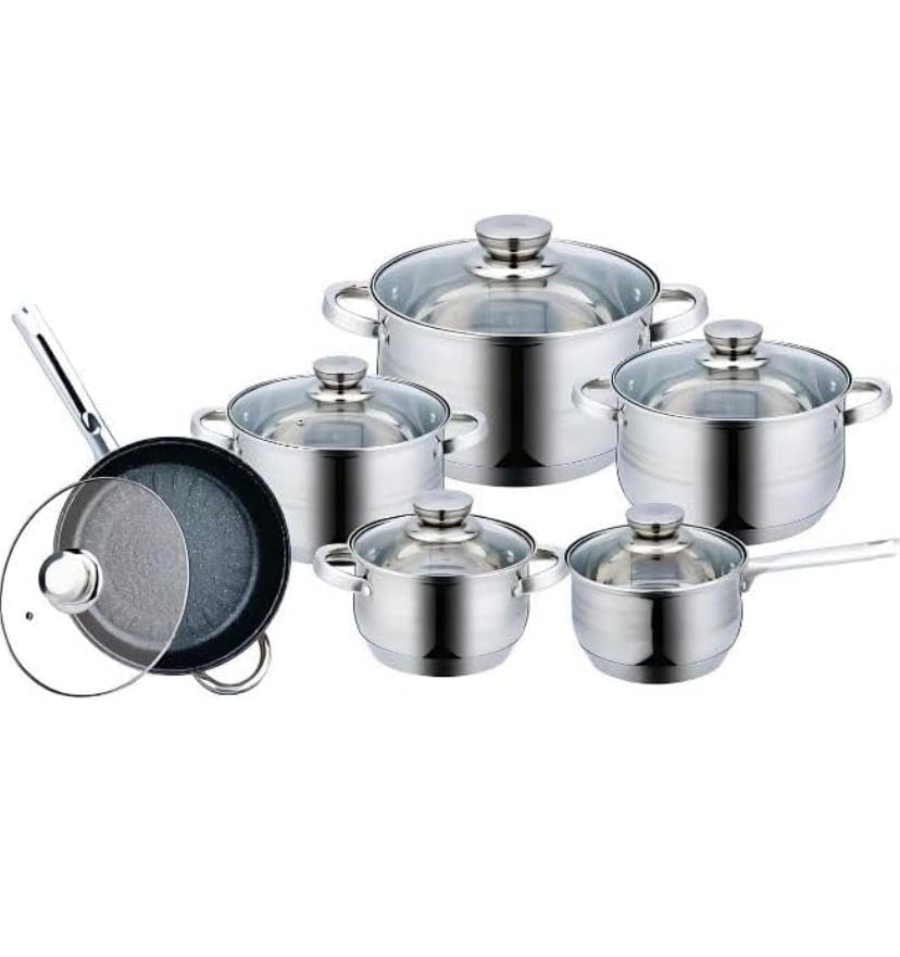 Batería de Cocina 12 Piezas Acero Inoxidable con Tapas de Vidrio, Sartén con Revestimiento de...